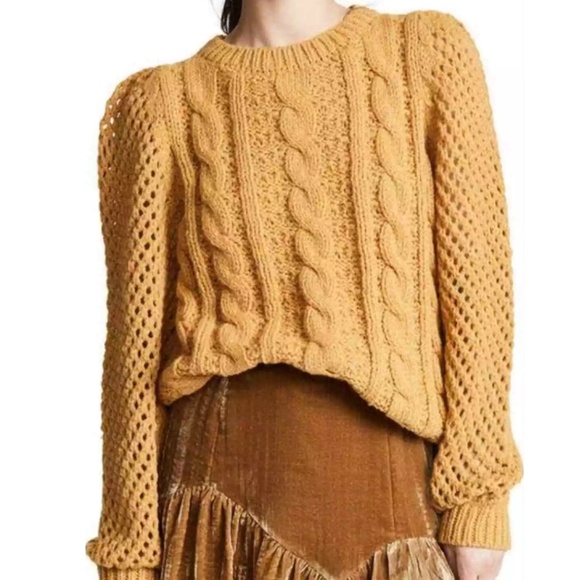 LoveShackFancy Sweaters - LoveShackFancy Rosie Cabled Metallic Alpaca Sweater in Amber. Size Small